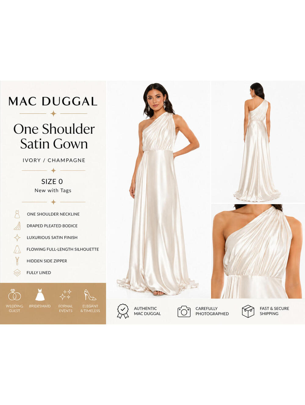 Ivory MacDuggal One Shoulder Satin Formal Gown Size 0 Draped Evening Maxi Dress